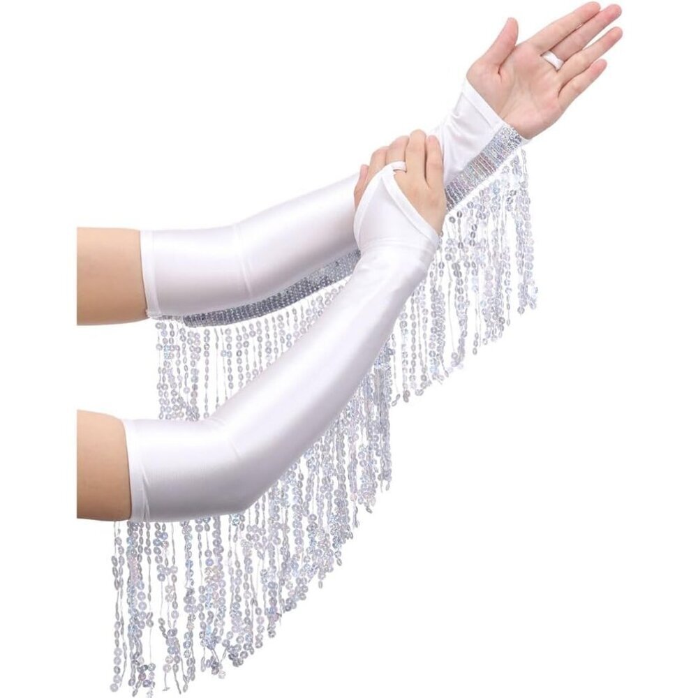 Long Satin Fingerless Gloves Sequin Tassel Elbow Length Wedding Halloween